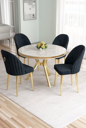 Hanah Home Mos Juego de Mesa y Sillas Blanco Mármol, Dorado y Antracita